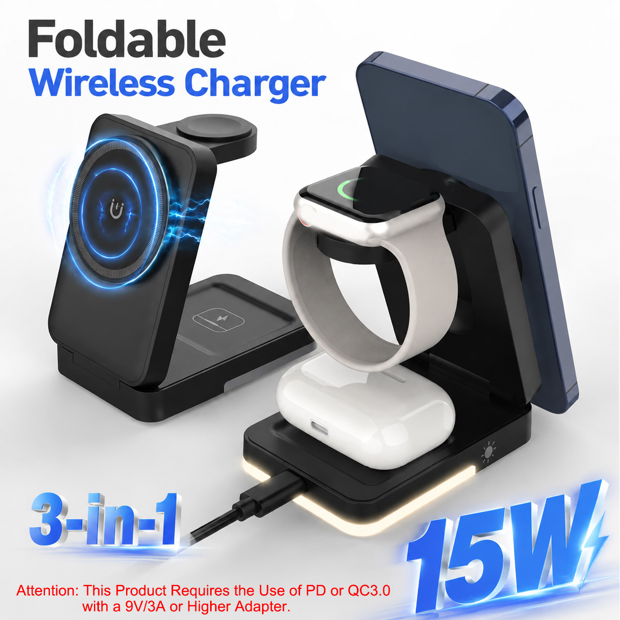 Usb C Earphone - Składana ładowarka bezprzewodowa 3 w 1,