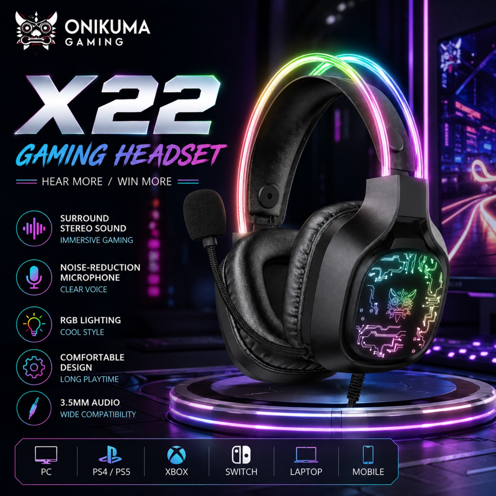 Gaming Headset Rgb - Słuchawki gamingowe ONIKUMA X22 z przewodem,