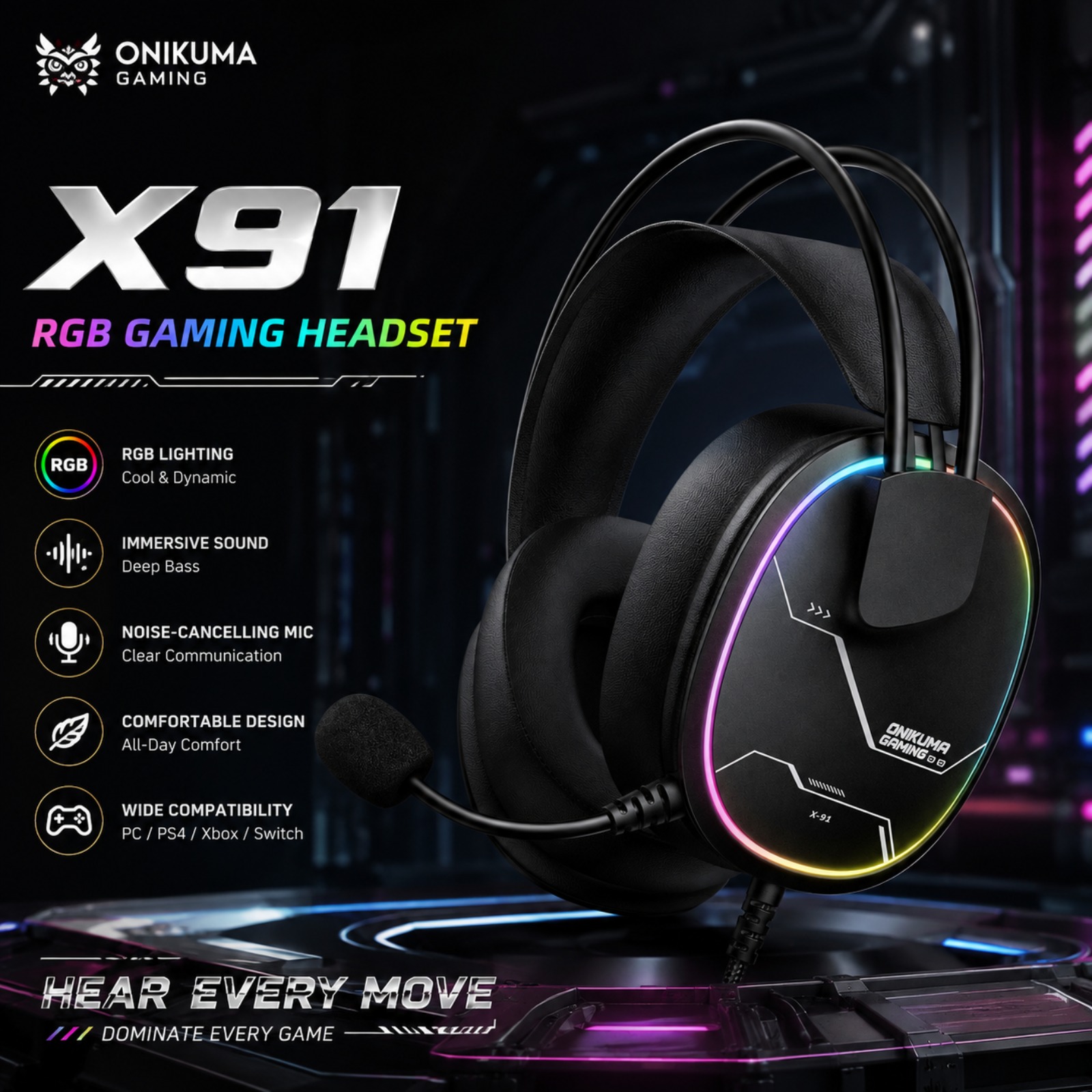 Gaming Headset Rgb - Słuchawki gamingowe ONIKUMA X91 z przewodowym